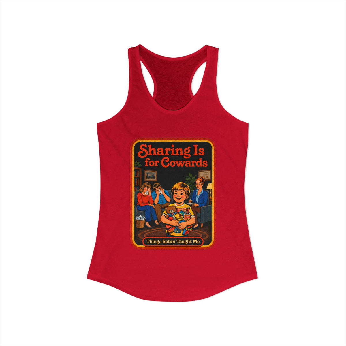 Sharing Is For Cowards Racerback Tank in Red, view 2