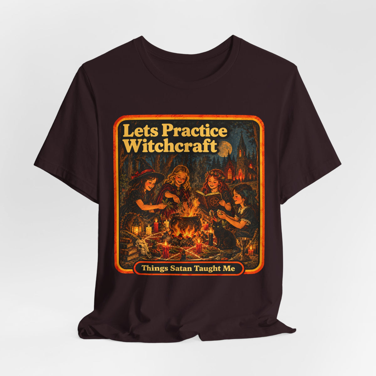 Let's Practice Witchcraft Unisex Tee in Oxblood Black, view 4