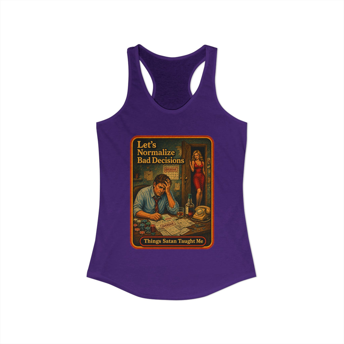 Let's Normalize Bad Decisions Racerback Tank in Purple Rush, view 2