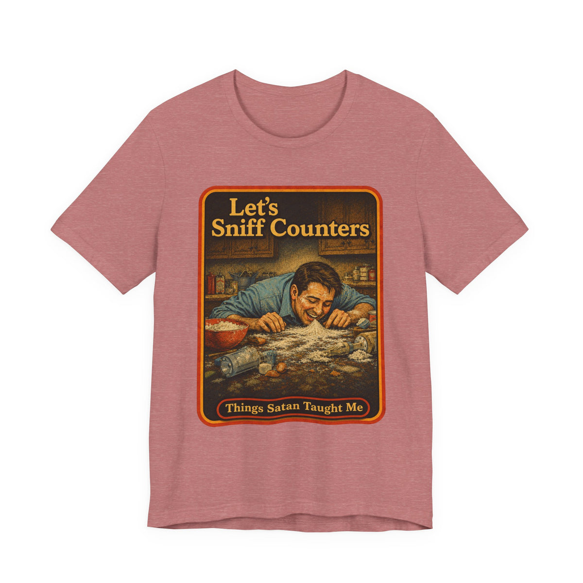 Let's Sniff Counters Unisex Tee in Heather Mauve, front