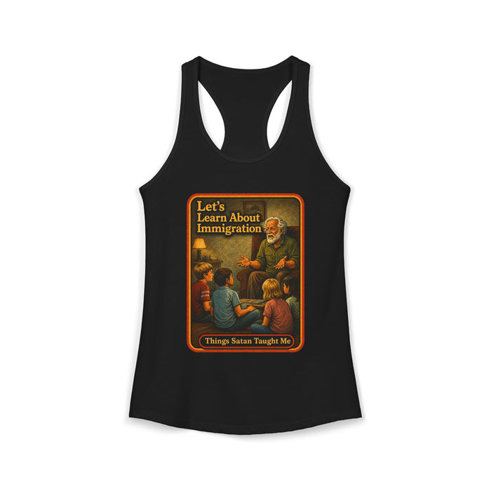 Let's Learn About Immigration Racerback Tank in black