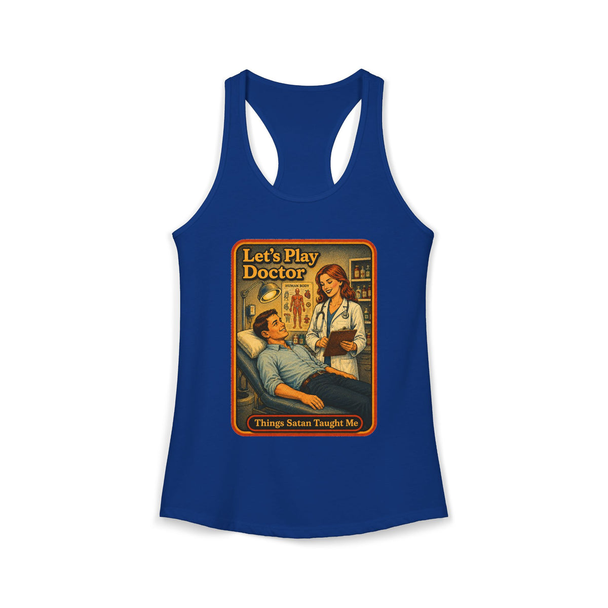 Let's Play Doctor Racerback Tank in Royal, front