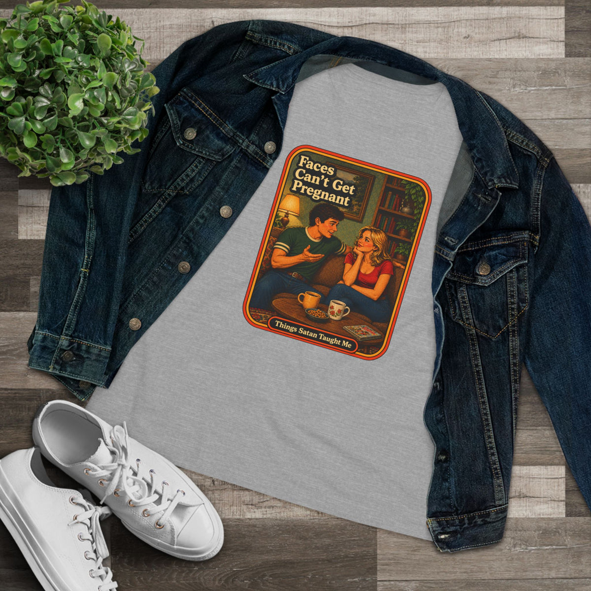 Faces Can't Get Pregnant Women's Tee in Athletic Heather, view 3
