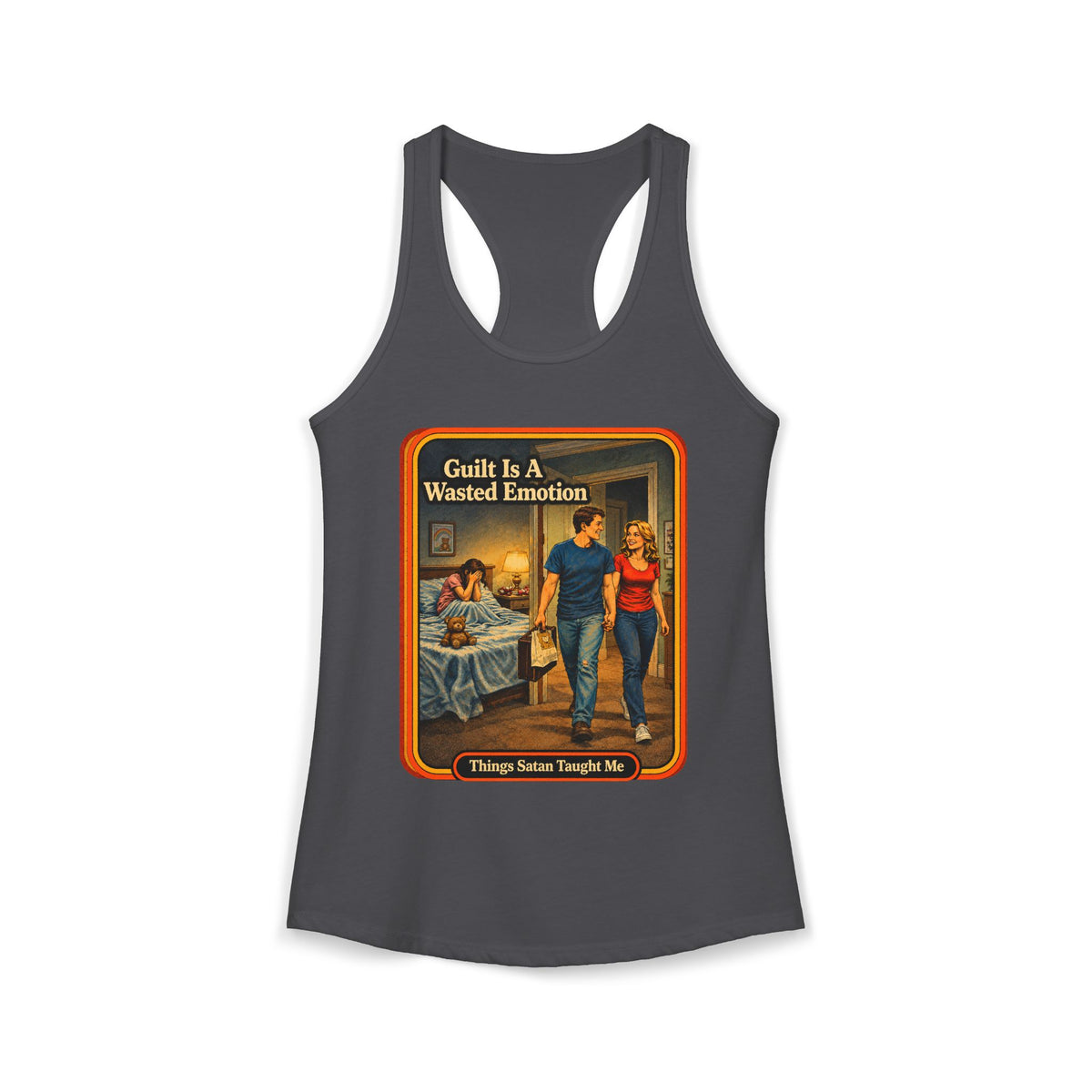 Guilt Is A Wasted Emotion Racerback Tank in Dark Gray, front