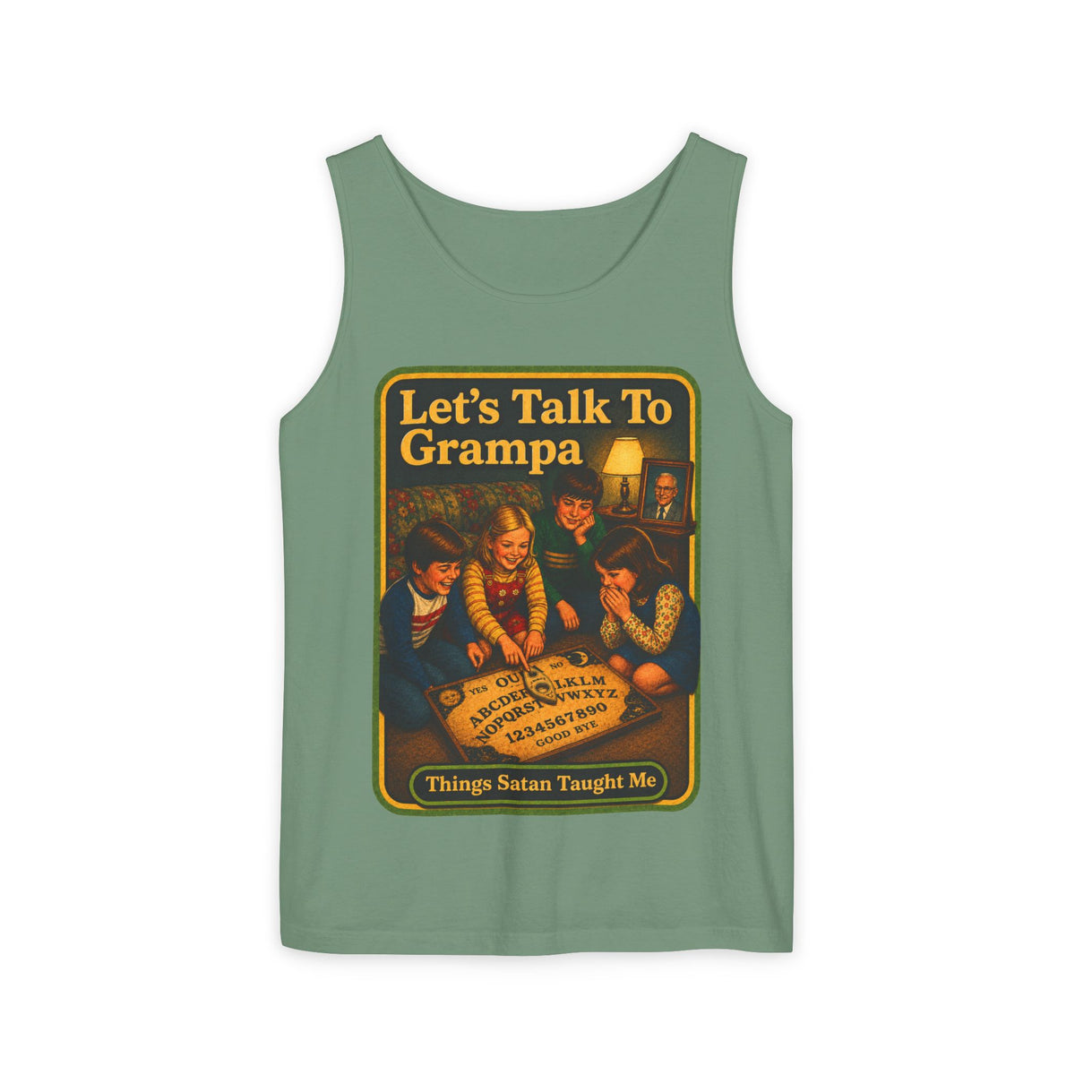 Let's Talk To Grampa Wife Beater in Light Green, front