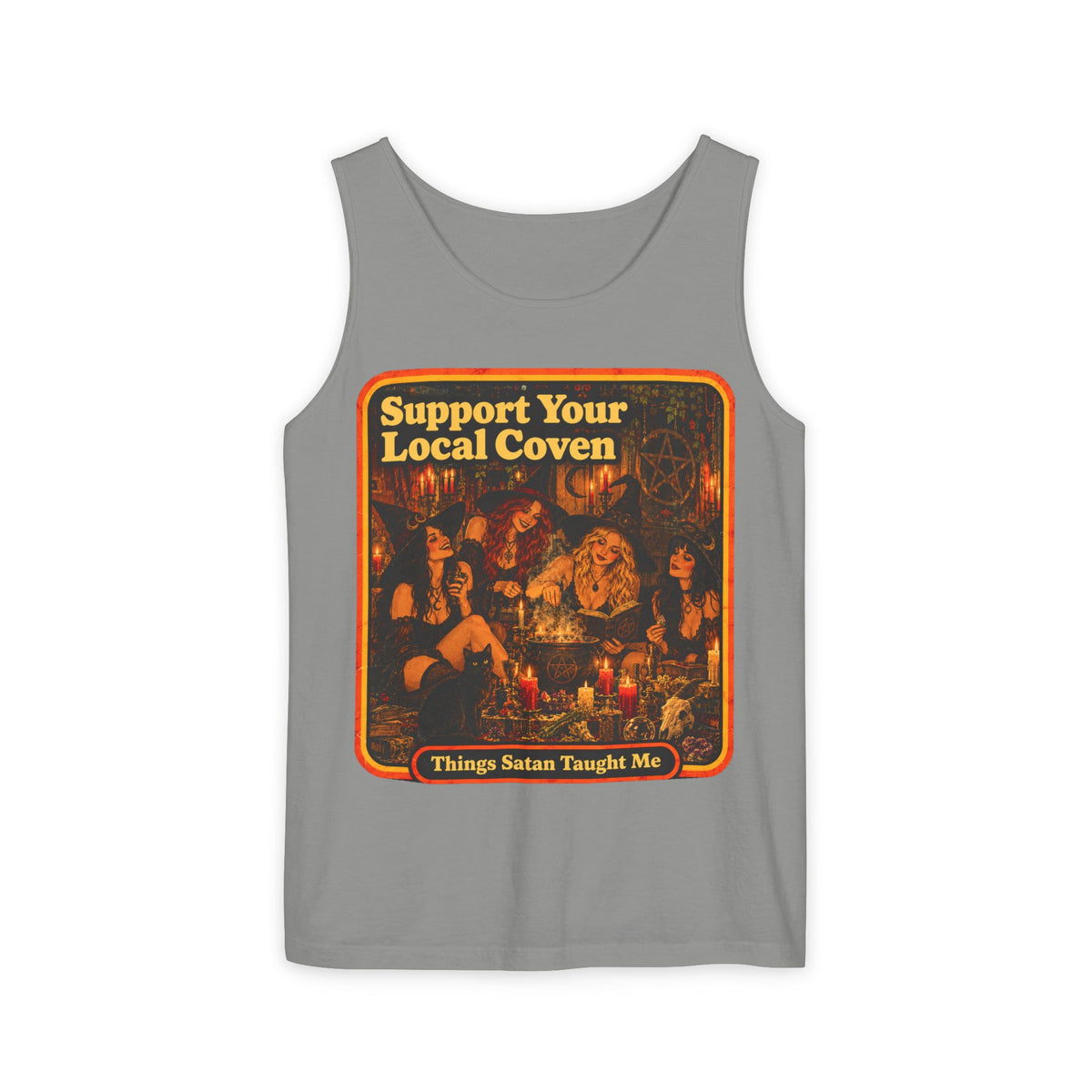 Support Your Local Coven Men's Wife Beater | Things Satan Taught Me  in Granite, front