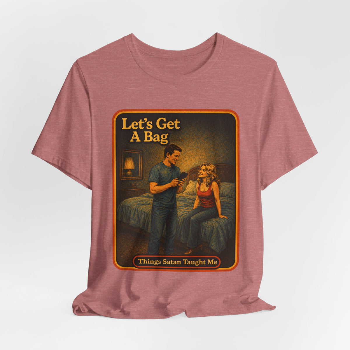Let's Get A Bag Unisex Tee in Heather Mauve, view 4