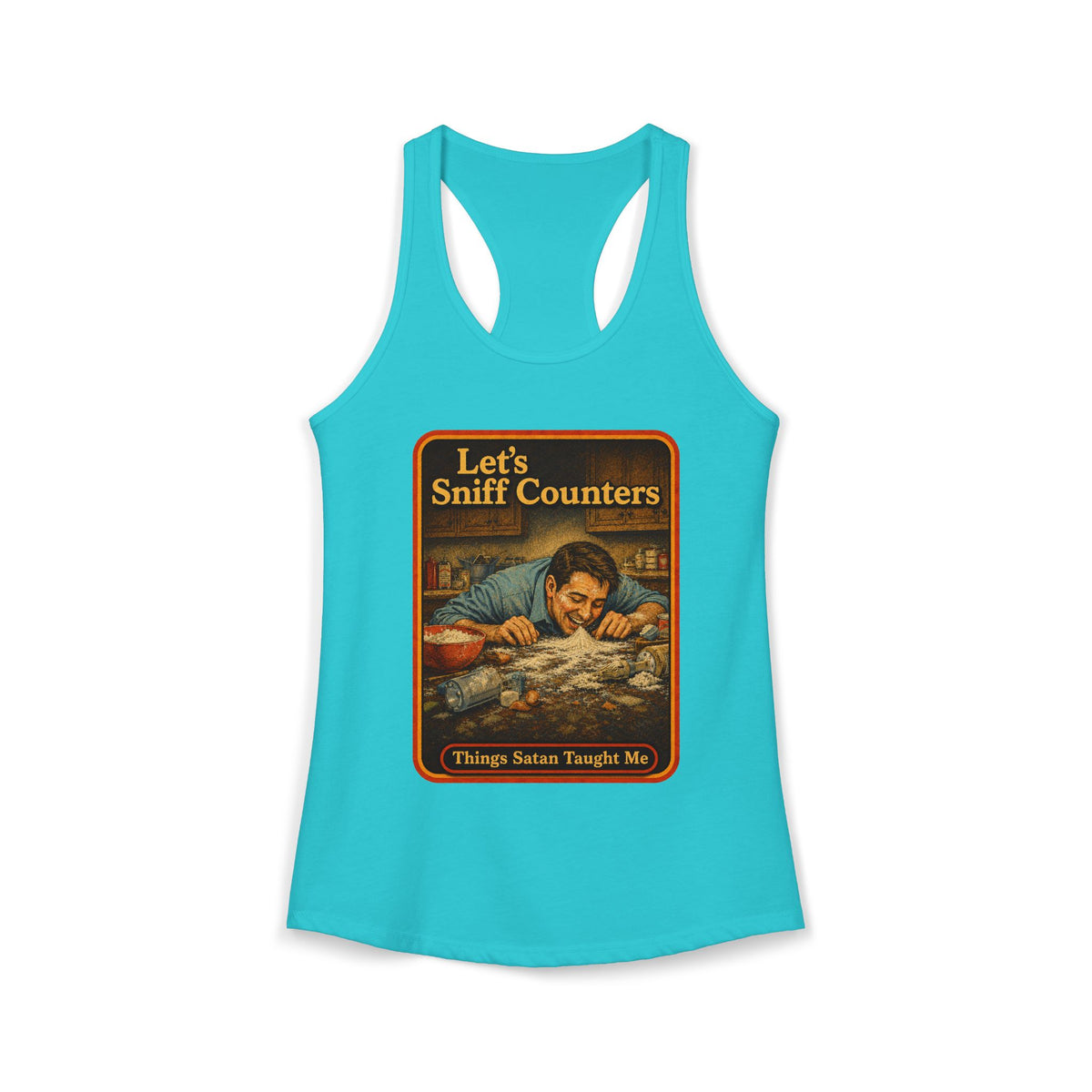 Let's Sniff Counters Racerback Tank in Tahiti Blue, front