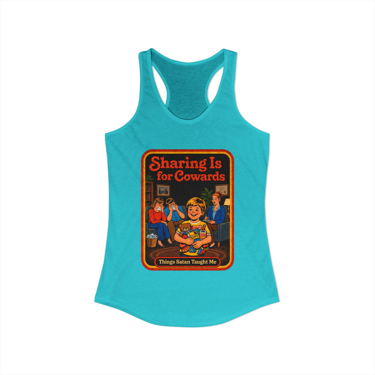 Sharing Is For Cowards Racerback Tank in Tahiti Blue, view 2