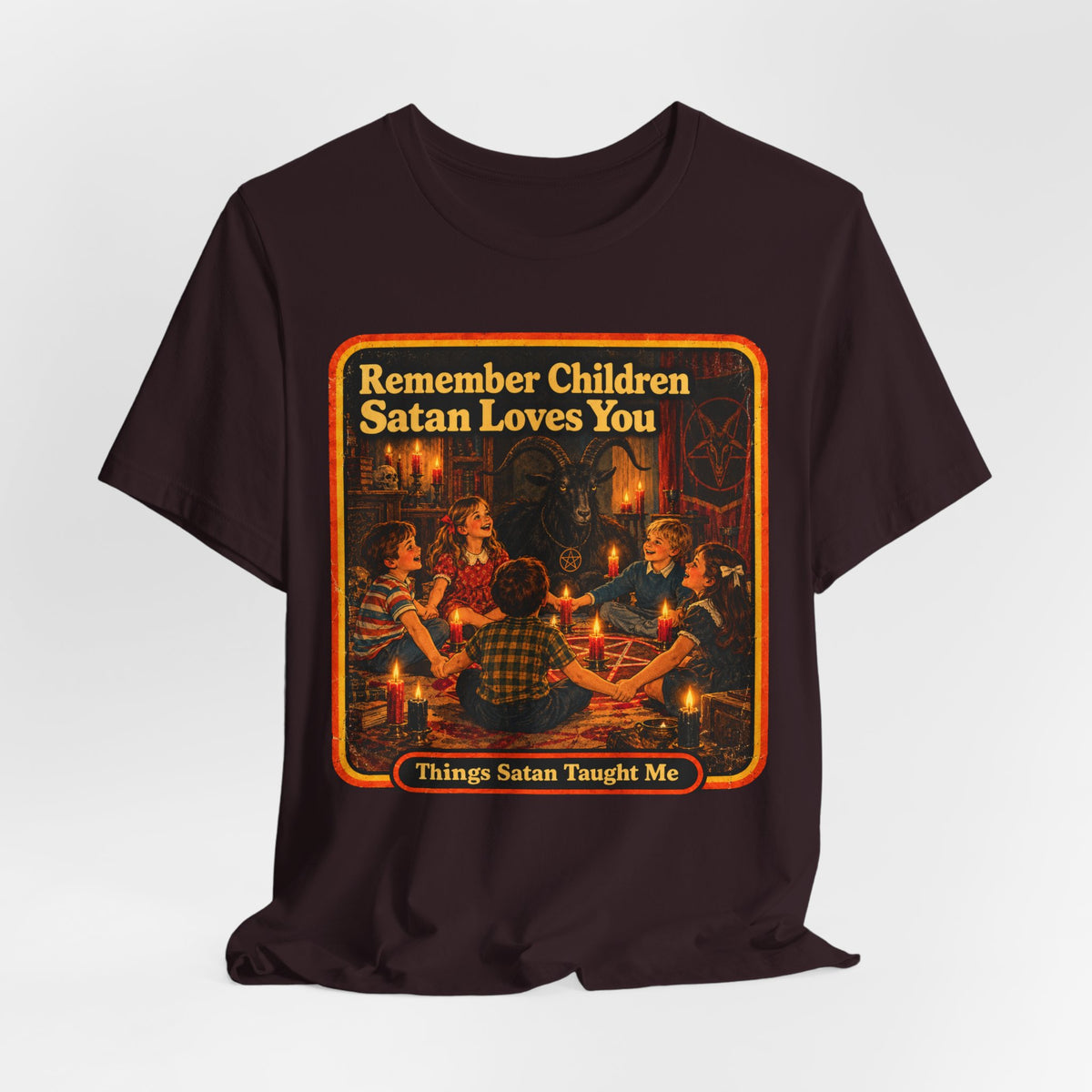 Remember Children. Satan Loves You Unisex Tee in Oxblood Black, view 4
