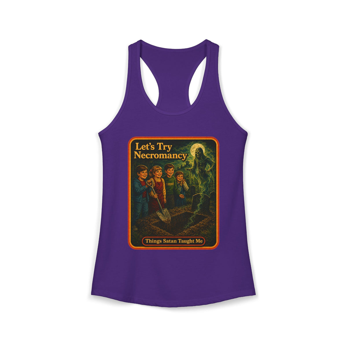Let's Try Necromancy Racerback Tank in Purple Rush, front