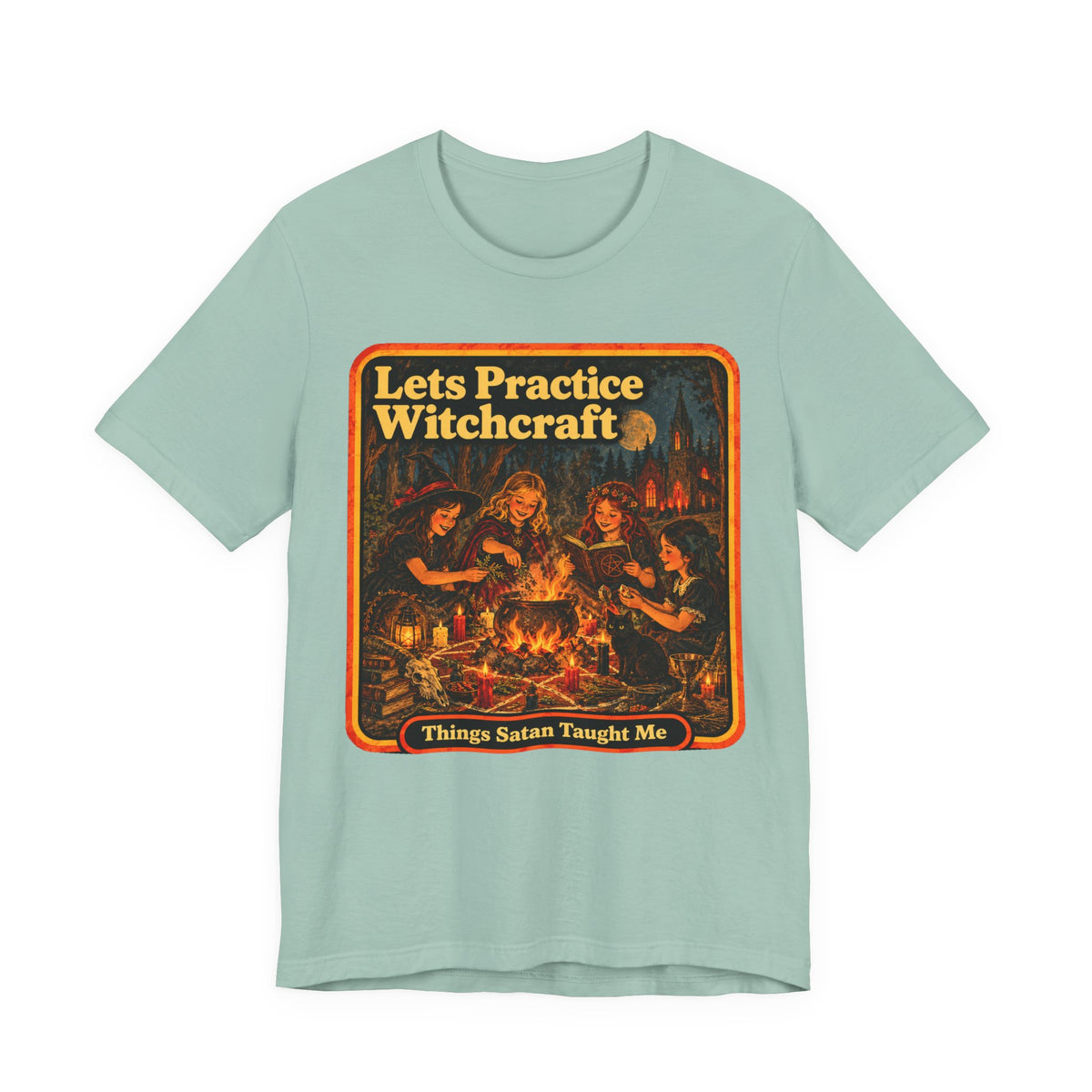Let's Practice Witchcraft Unisex Tee in Dusty Blue, front