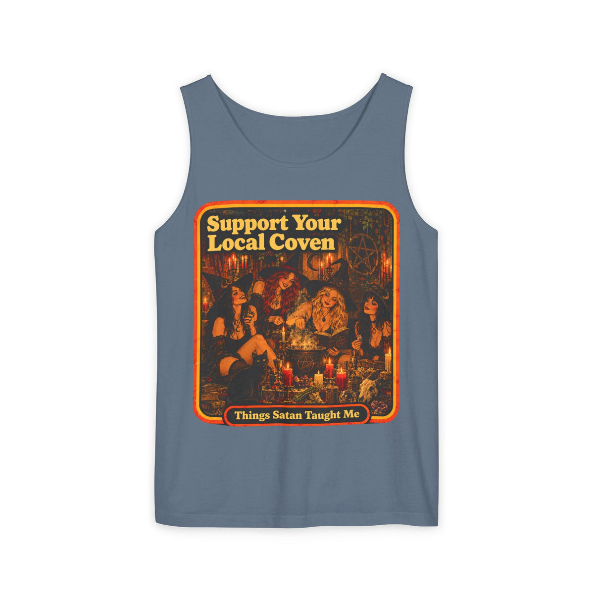 Support Your Local Coven Men's Wife Beater | Things Satan Taught Me  in Blue Jean, front