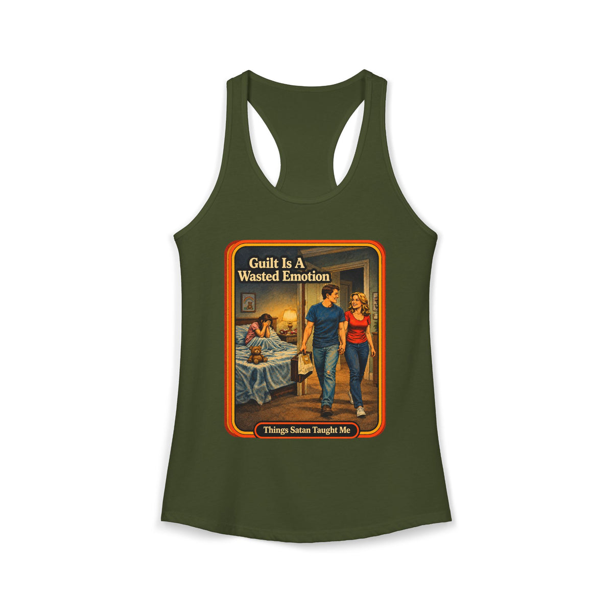 Guilt Is A Wasted Emotion Racerback Tank in Military Green, front