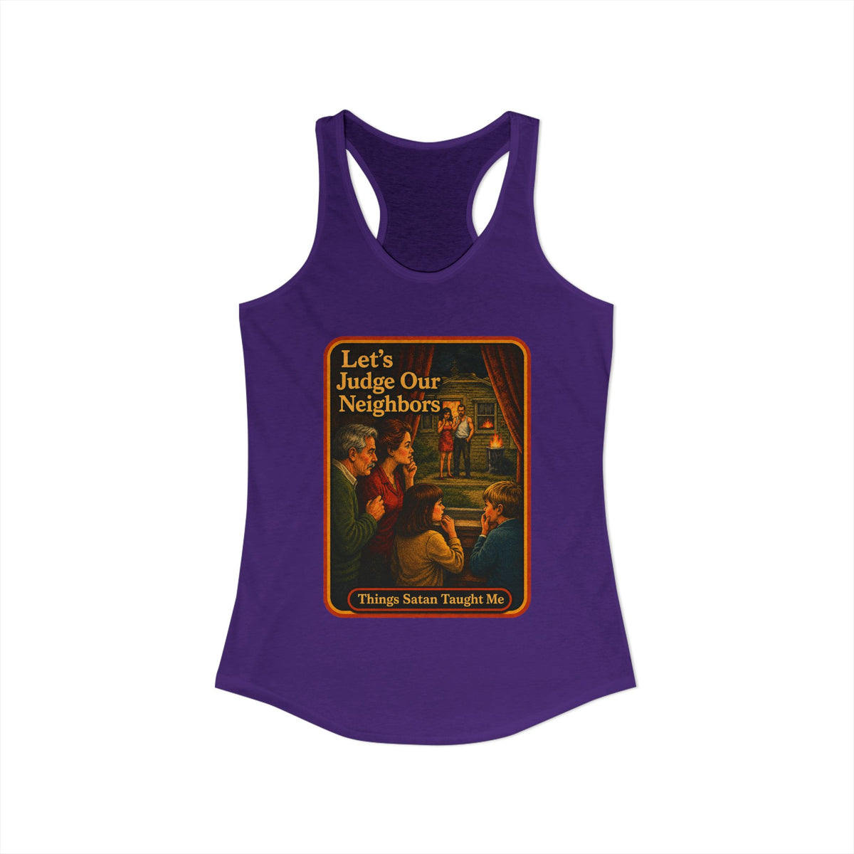 Let's Judge Our Neighbors Racerback Tank in Purple Rush, view 2