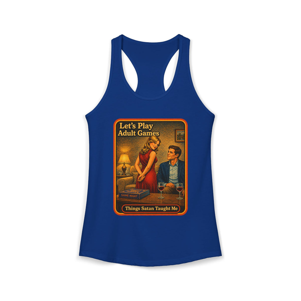 Let's Play Adult Games Racerback Tank in Royal, front