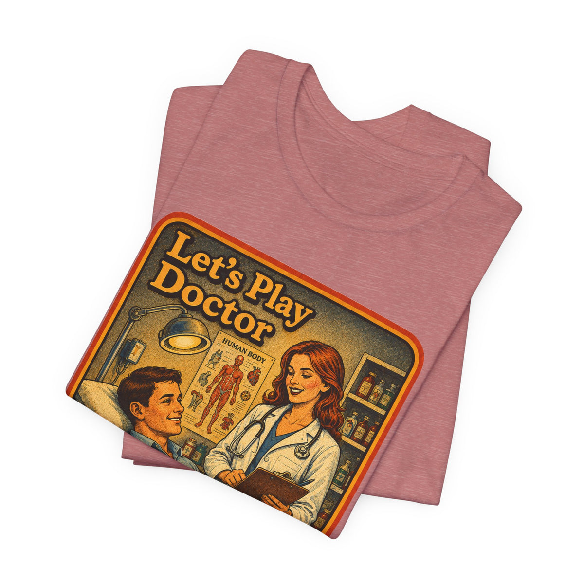 Let's Play Doctor Unisex Tee in Heather Mauve, view 3