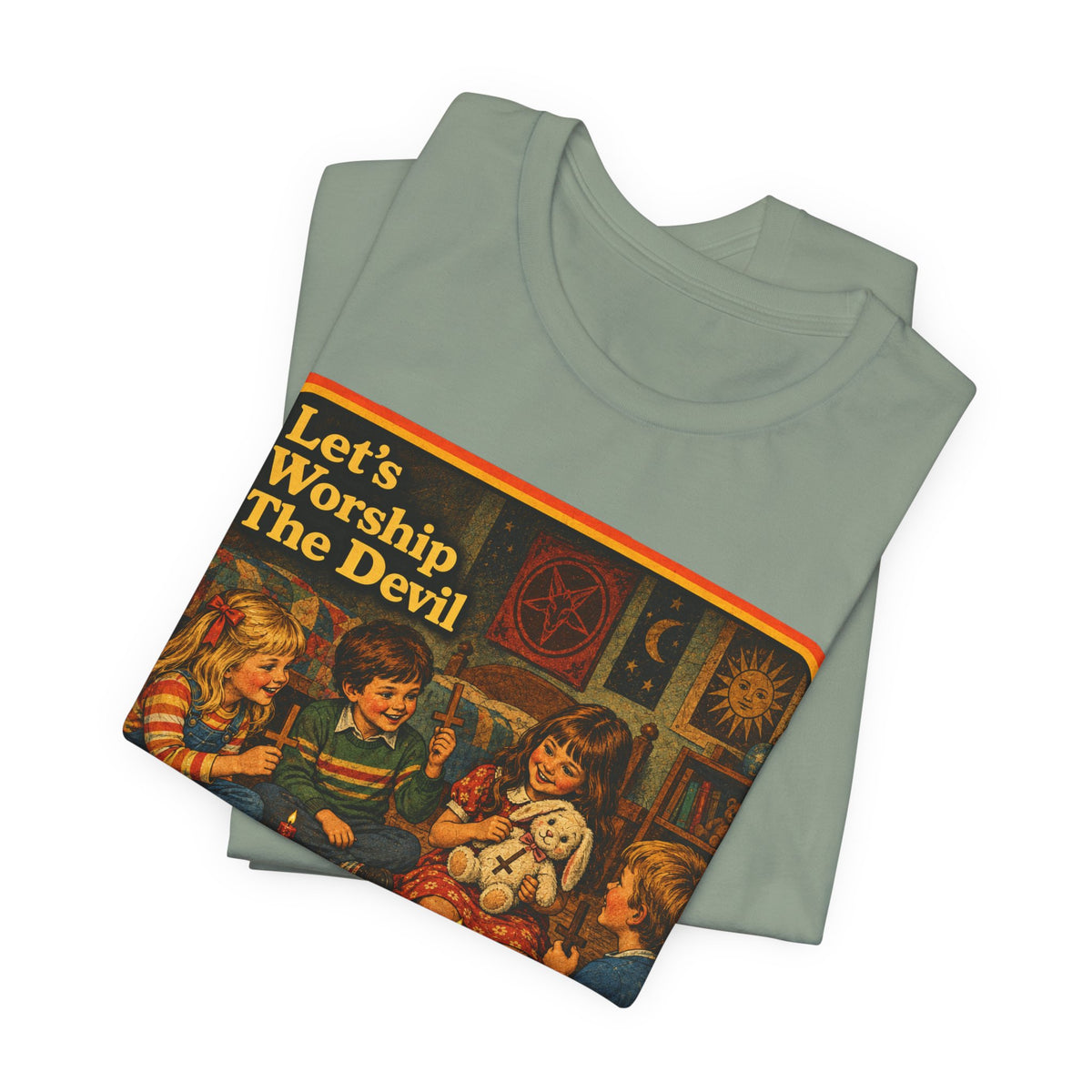 Let's Worship The Devil Unisex Tee in Sage, view 3