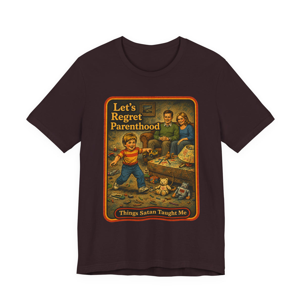 Let's Regret Parenthood Unisex Tee in Oxblood Black, front