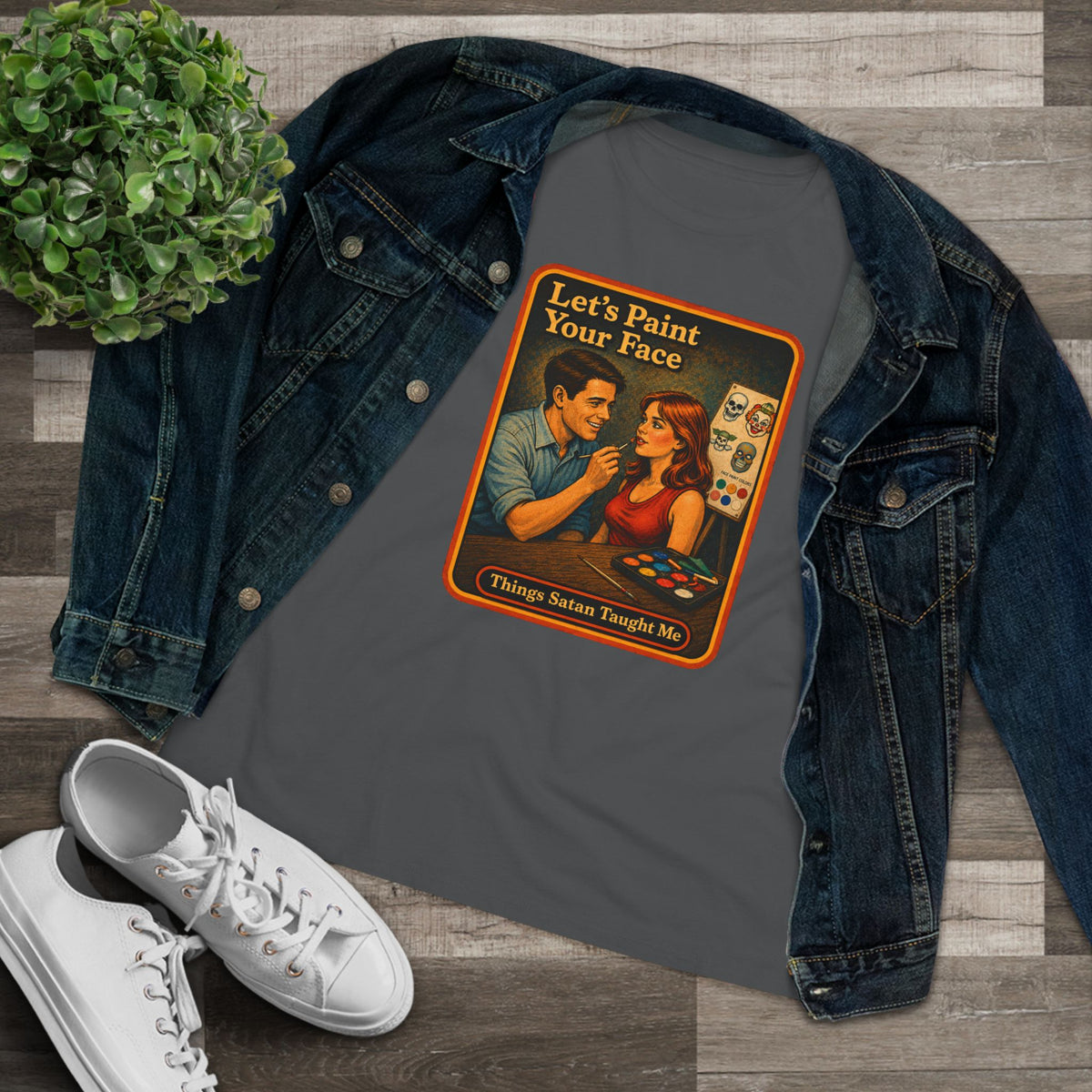 Let's Paint Your Face Women's Tee in Asphalt, view 3