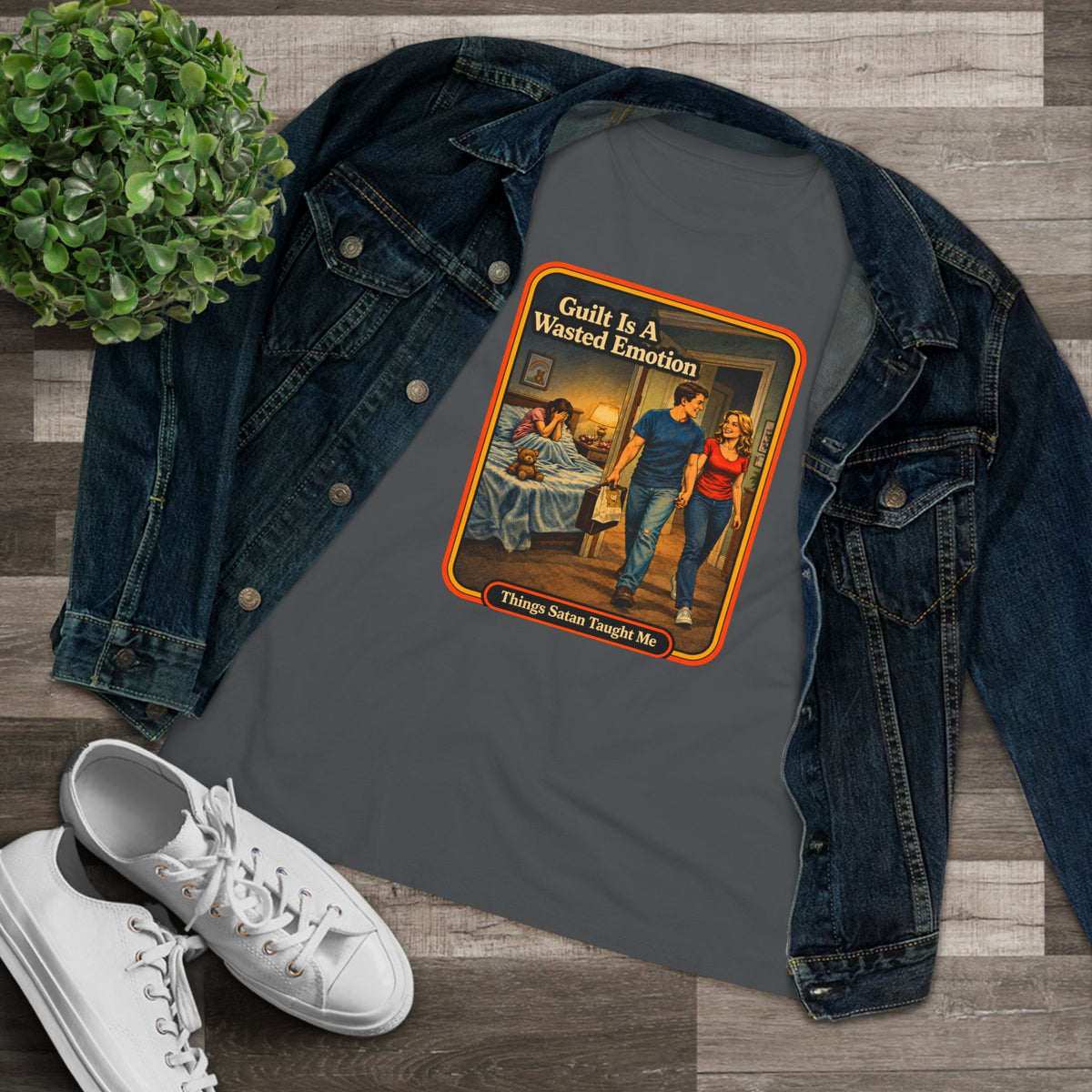 Guilt Is A Wasted Emotion Women's Tee in Asphalt, view 3