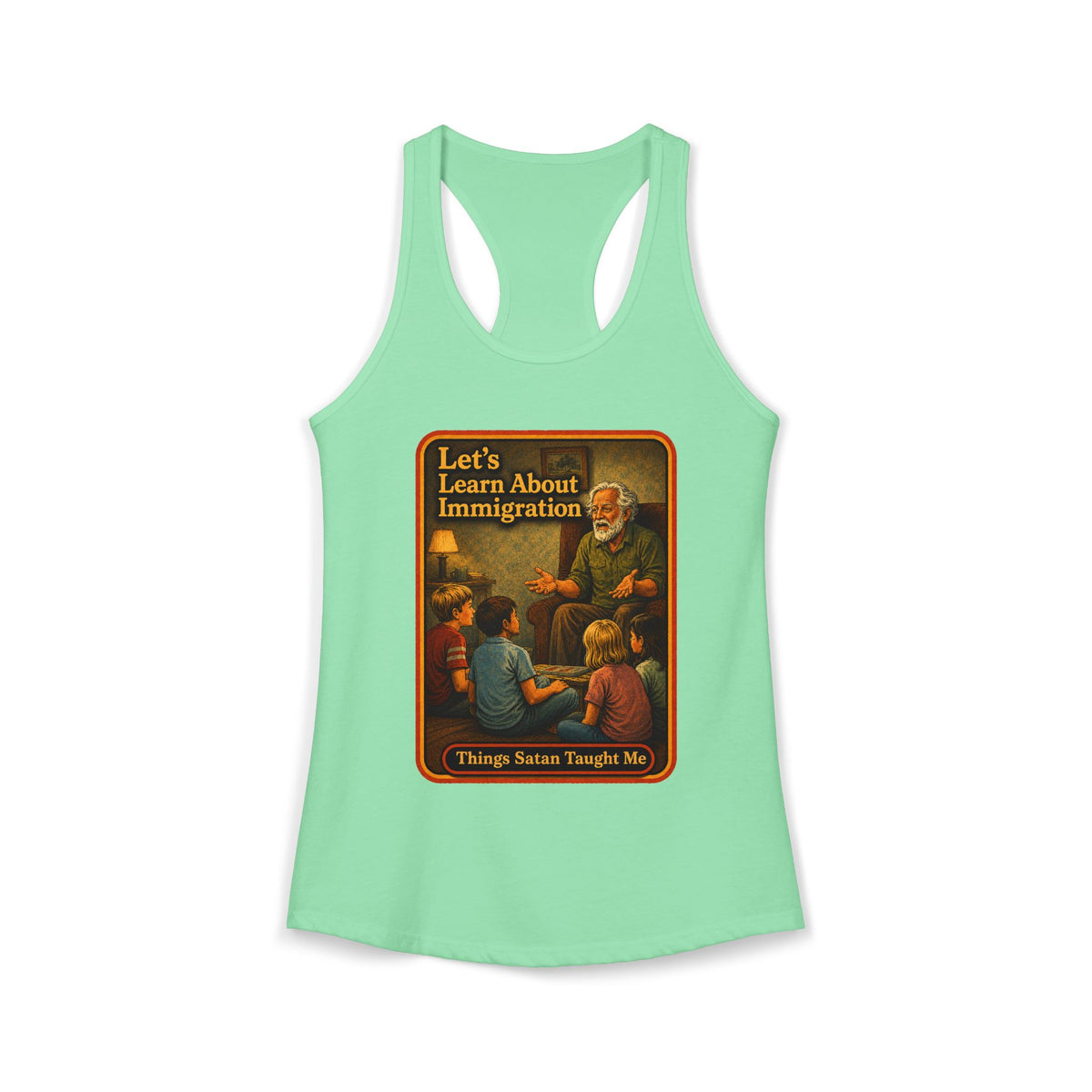 Let's Learn About Immigration Racerback Tank in Mint, front