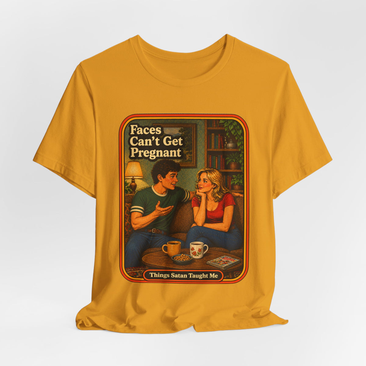 Faces Can't Get Pregnant Unisex Tee in Mustard, view 4