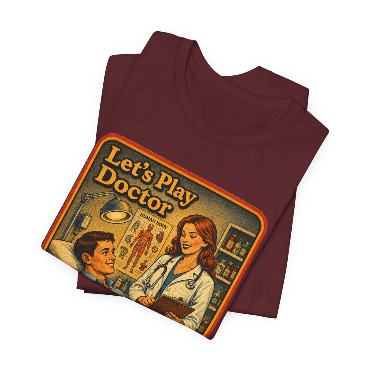 Let's Play Doctor Unisex Tee in Maroon, view 3