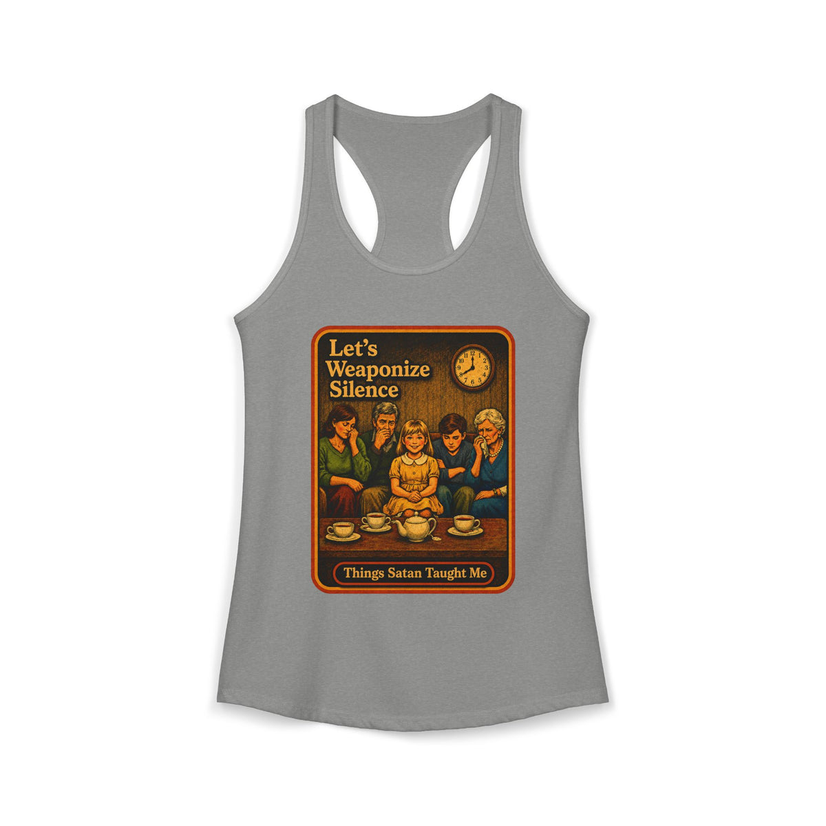 Let's Weaponize Silence Racerback Tank in Heather Grey, front