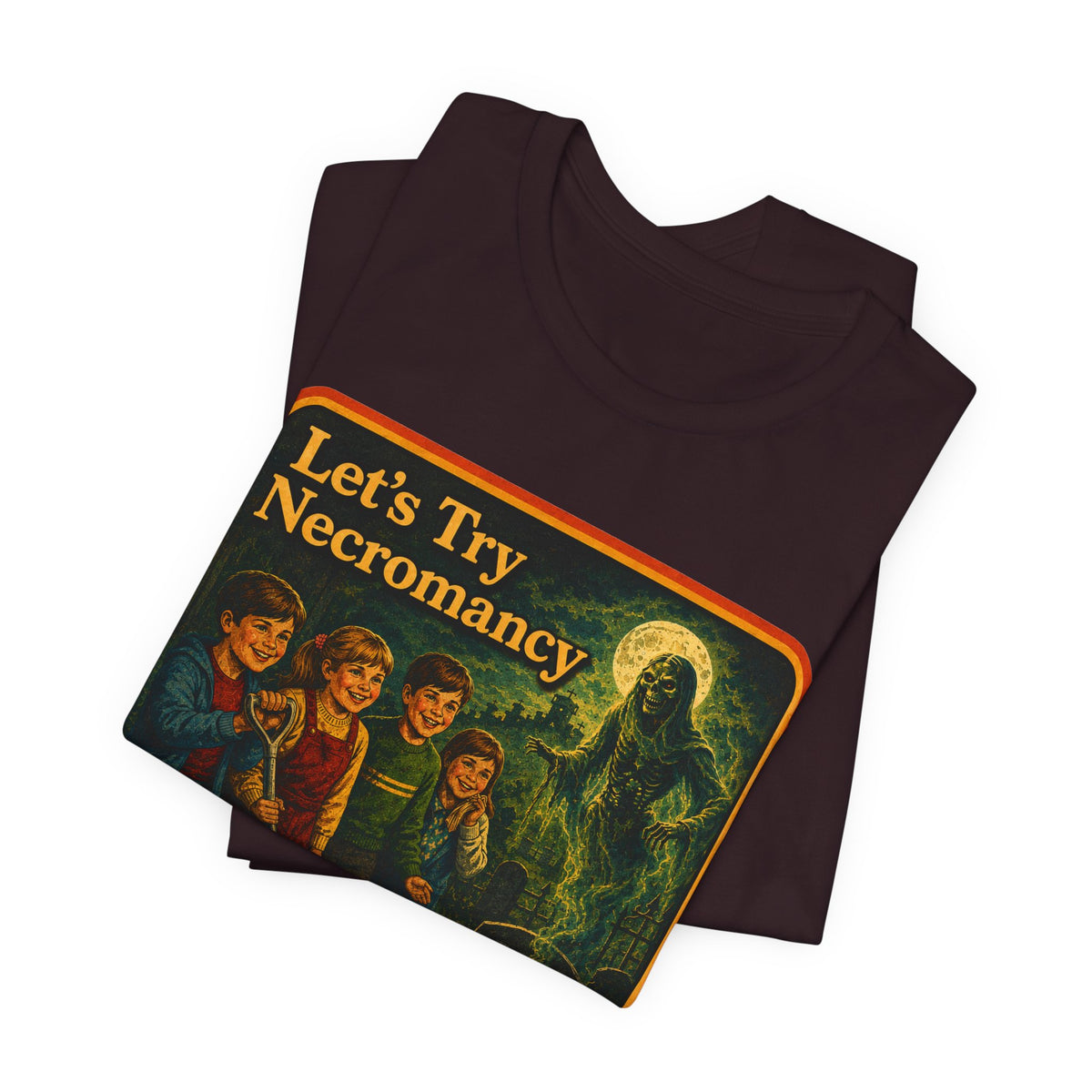 Let's Try Necromancy Unisex Tee in Oxblood Black, view 3