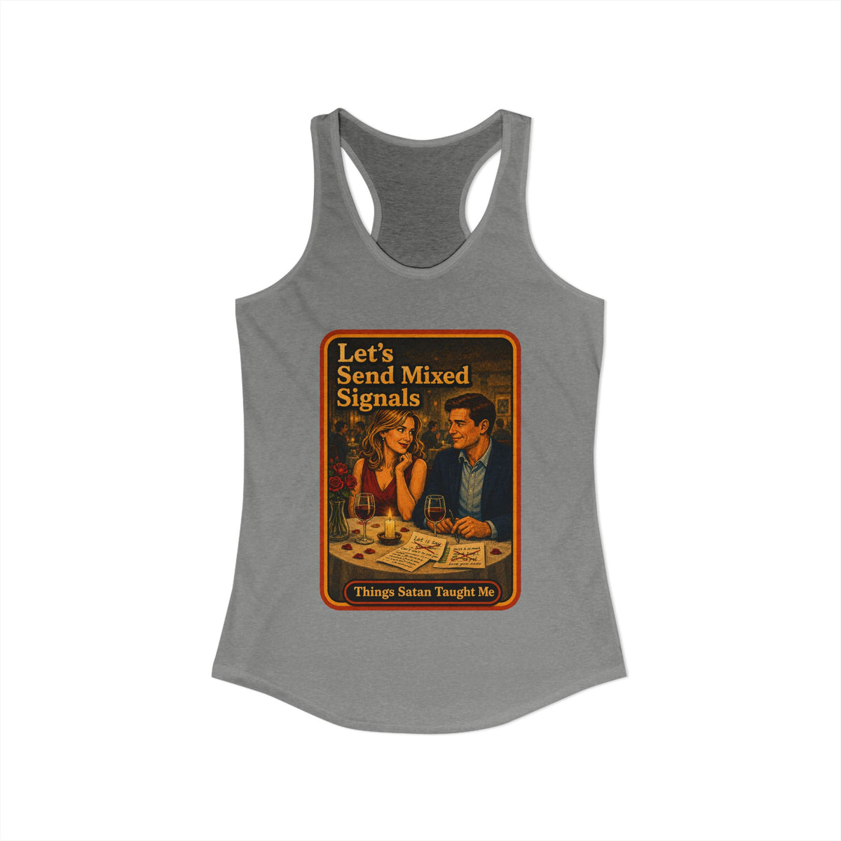 Let's Send Mixed Signals Racerback Tank in Heather Grey, view 2