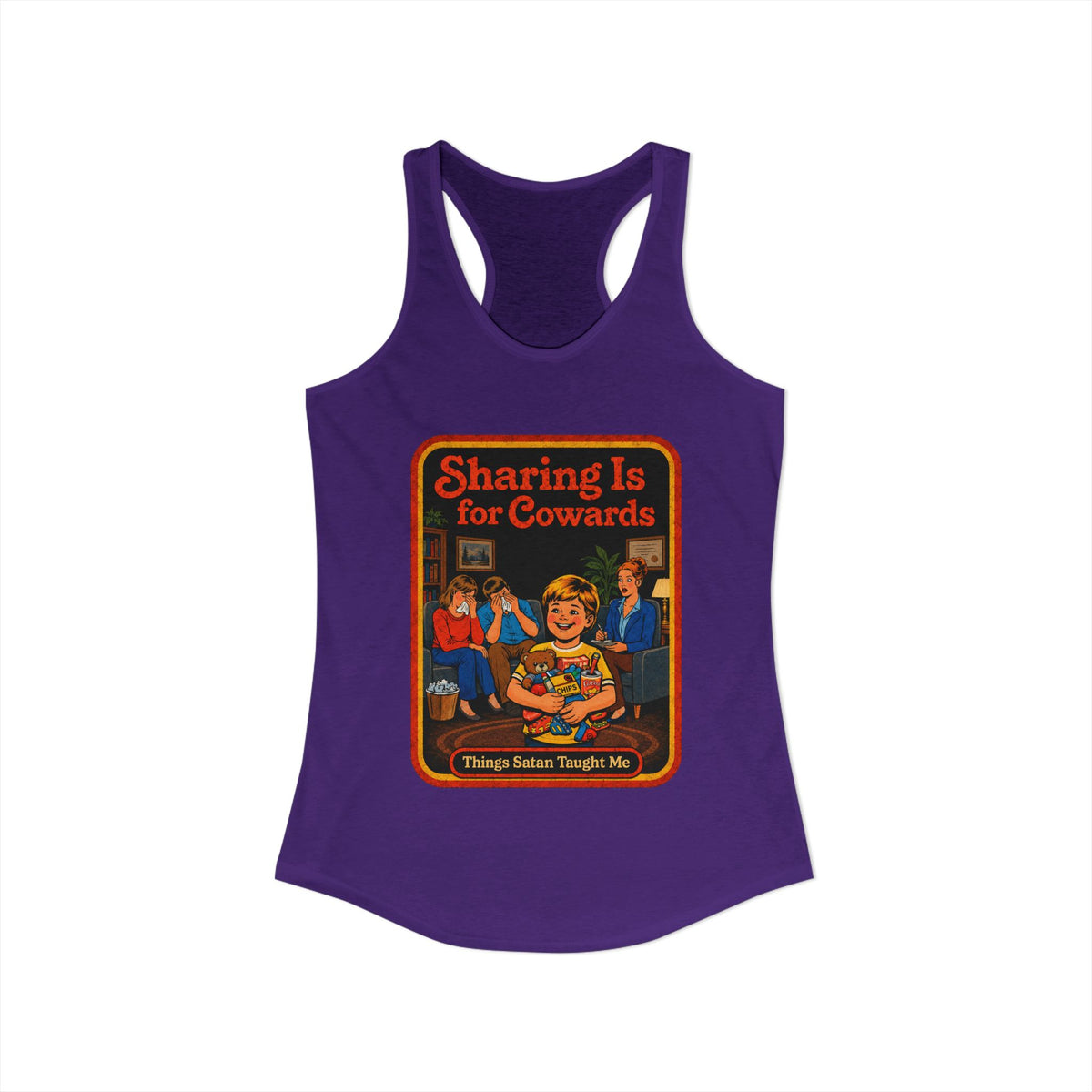 Sharing Is For Cowards Racerback Tank in Purple Rush, view 2
