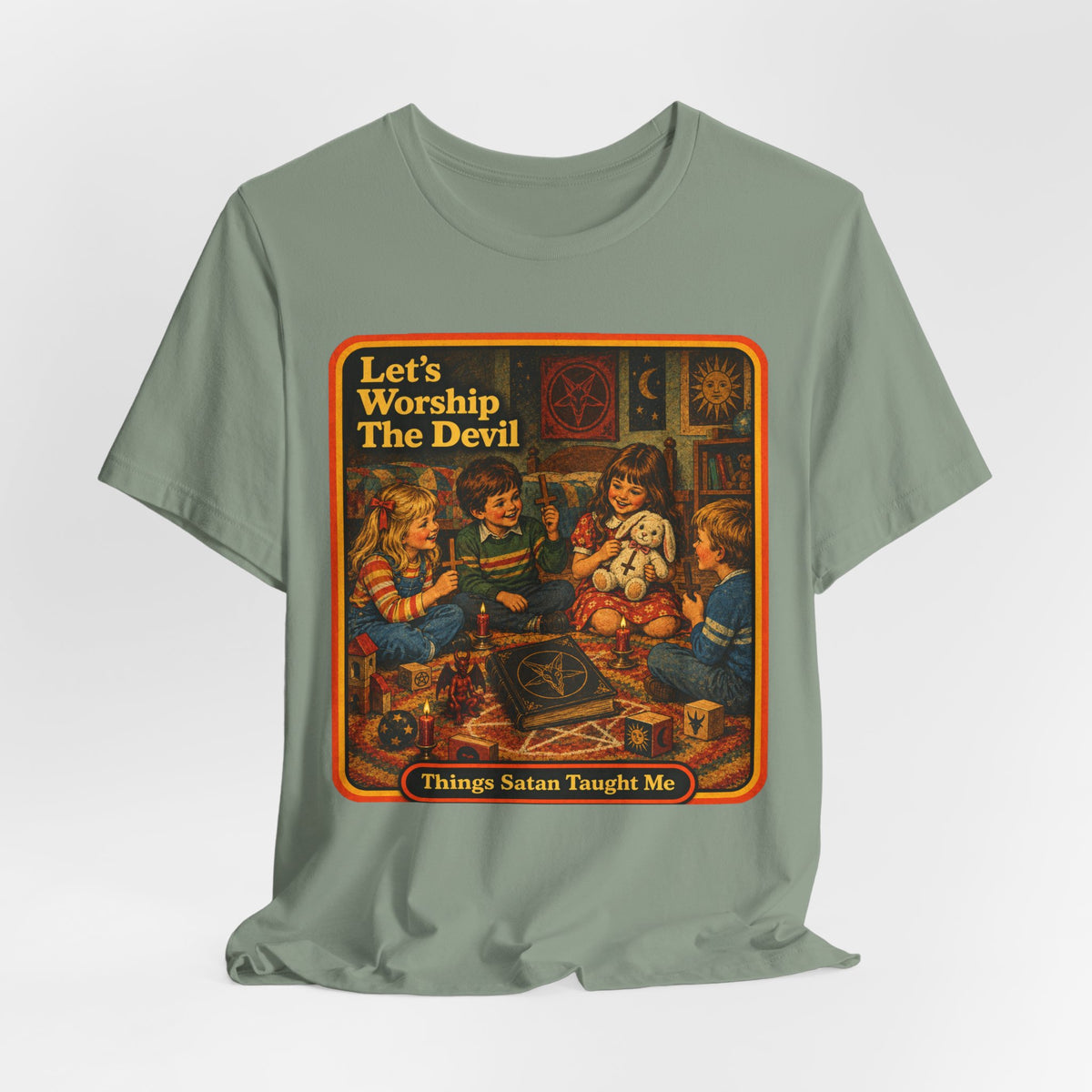 Let's Worship The Devil Unisex Tee in Sage, view 4