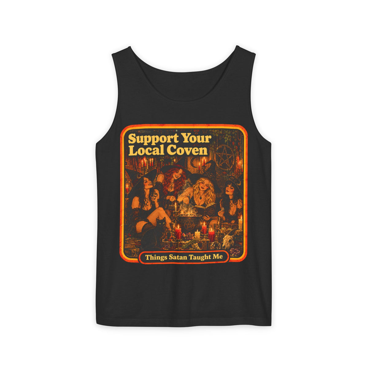 Support Your Local Coven Men's Wife Beater | Things Satan Taught Me  in Black, front