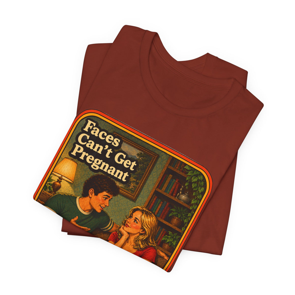 Faces Can't Get Pregnant Unisex Tee in Rust, view 3