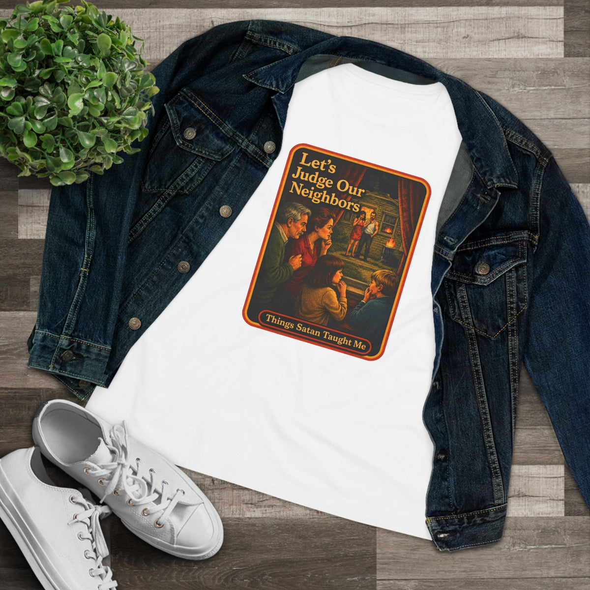 Let's Judge Our Neighbors Women's Tee in White, view 3