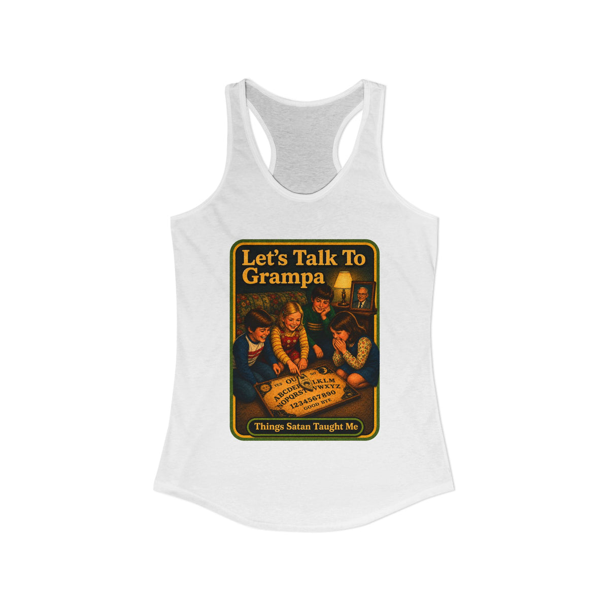 Let's Talk To Grampa Racerback Tank in White, view 2