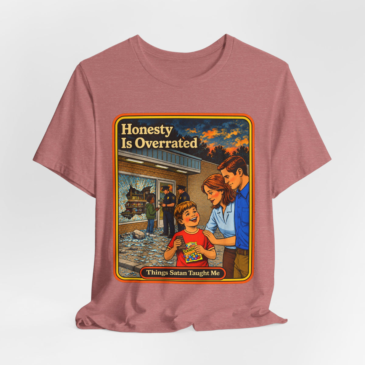 Honesty Is Overrated Unisex Tee in Heather Mauve, view 4
