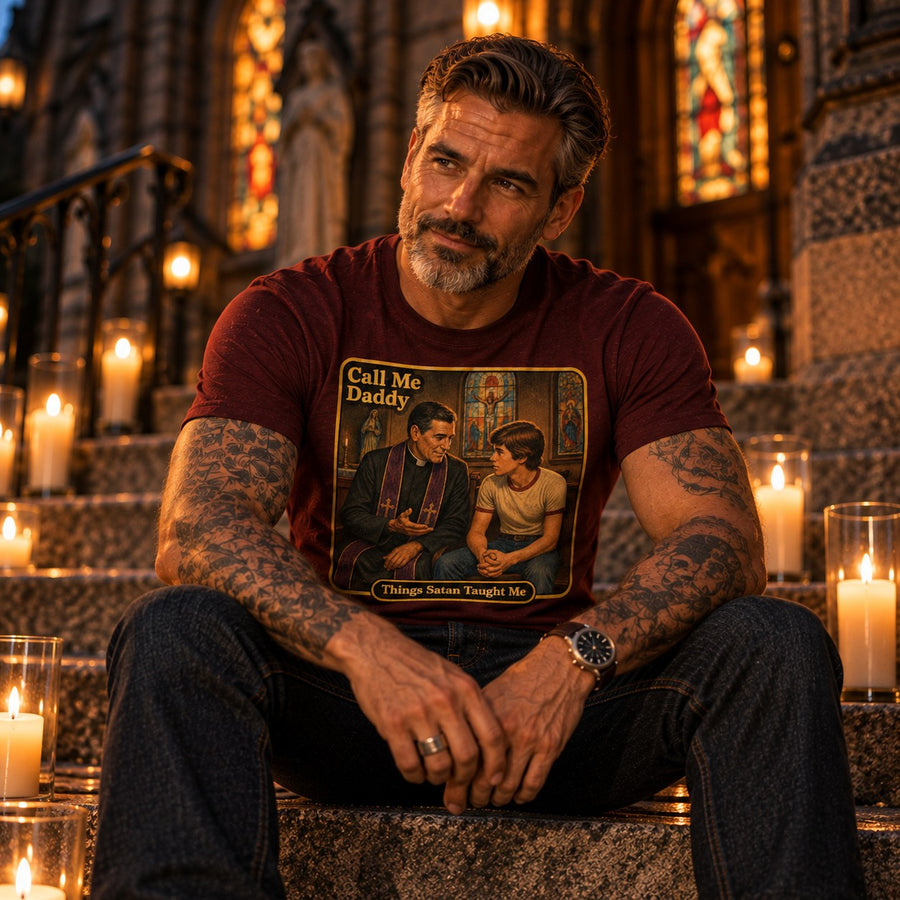 Model sitting in the Call Me Daddy tee in maroon by Things Satan Taught Me