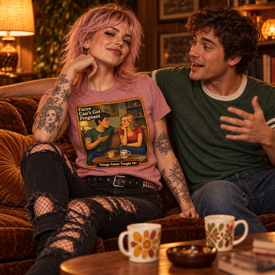 Model with friends wearing the Faces Can't Get Pregnant tee in heather mauve by Things Satan Taught Me