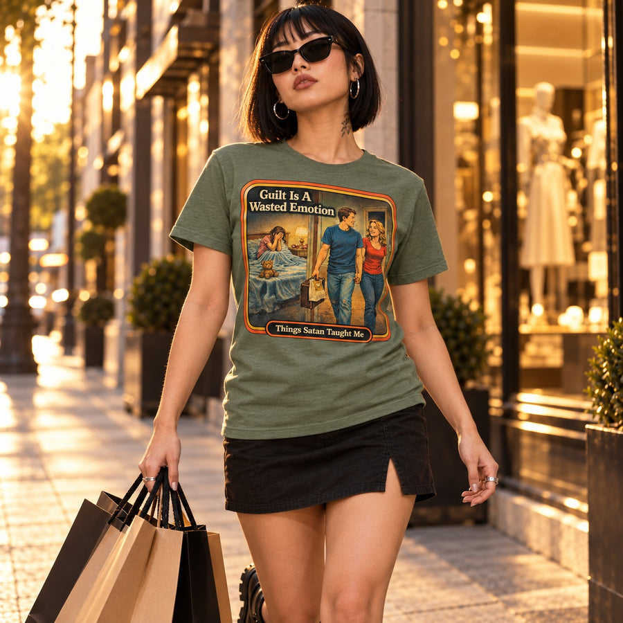 Model walking in the Guilt Is A Wasted Emotion tee in sage by Things Satan Taught Me