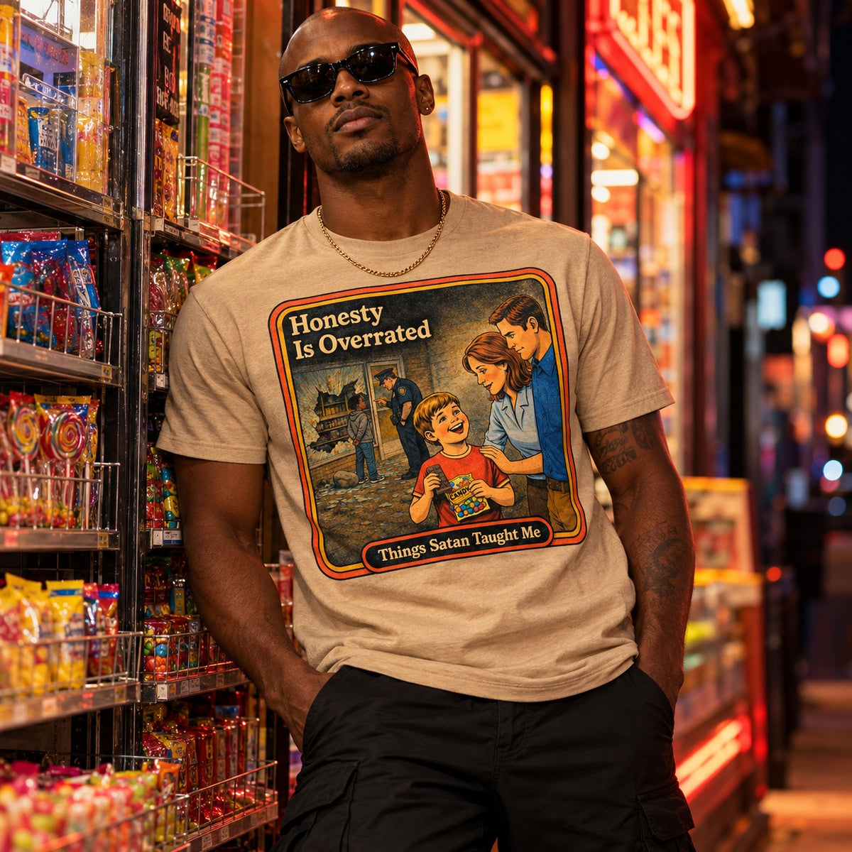 Model wearing the Honesty Is Overrated tee in tan by Things Satan Taught Me