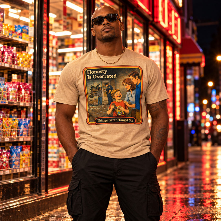 Model wearing the Honesty Is Overrated tee in tan by Things Satan Taught Me