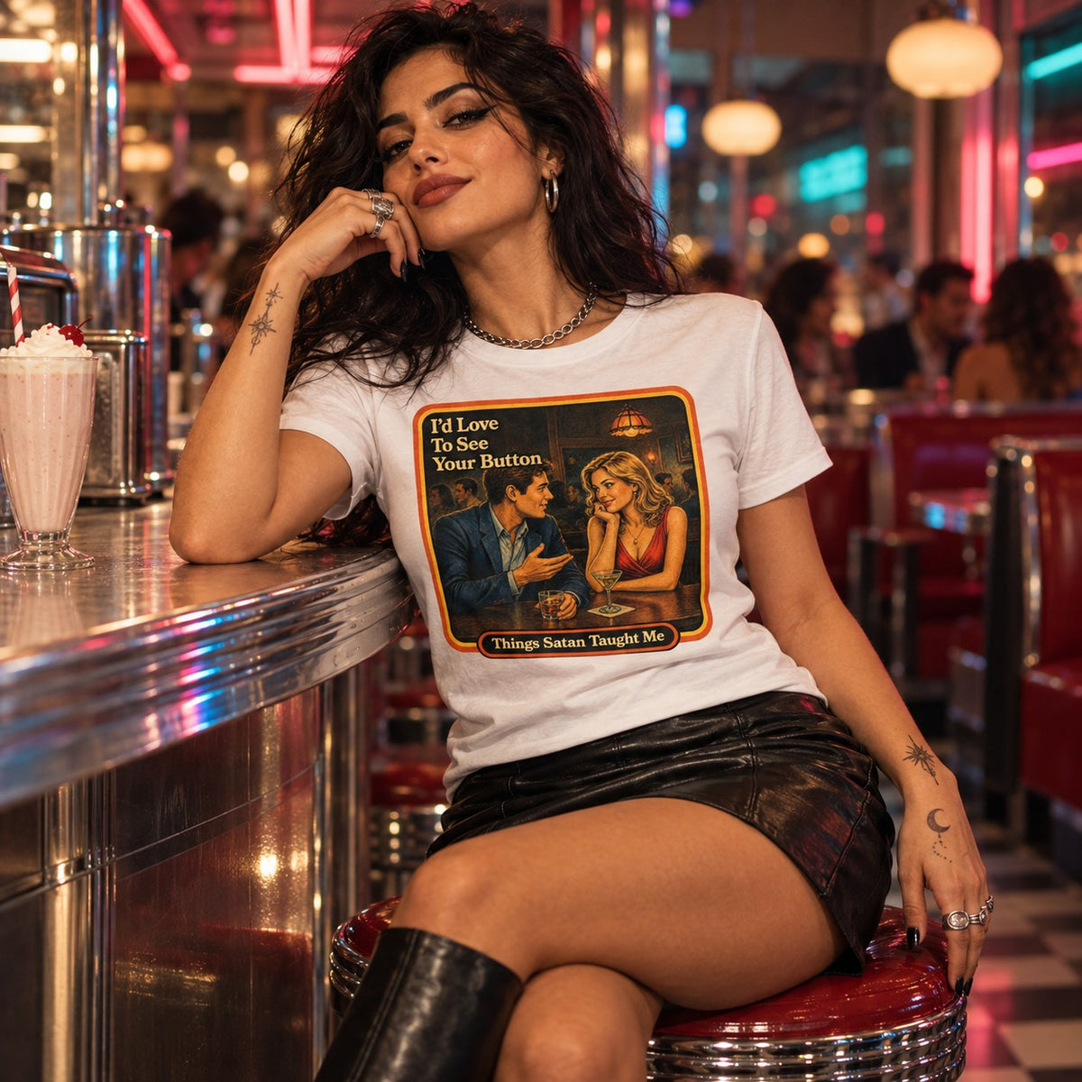 Model wearing the I'd Love To See Your Button tee in white by Things Satan Taught Me