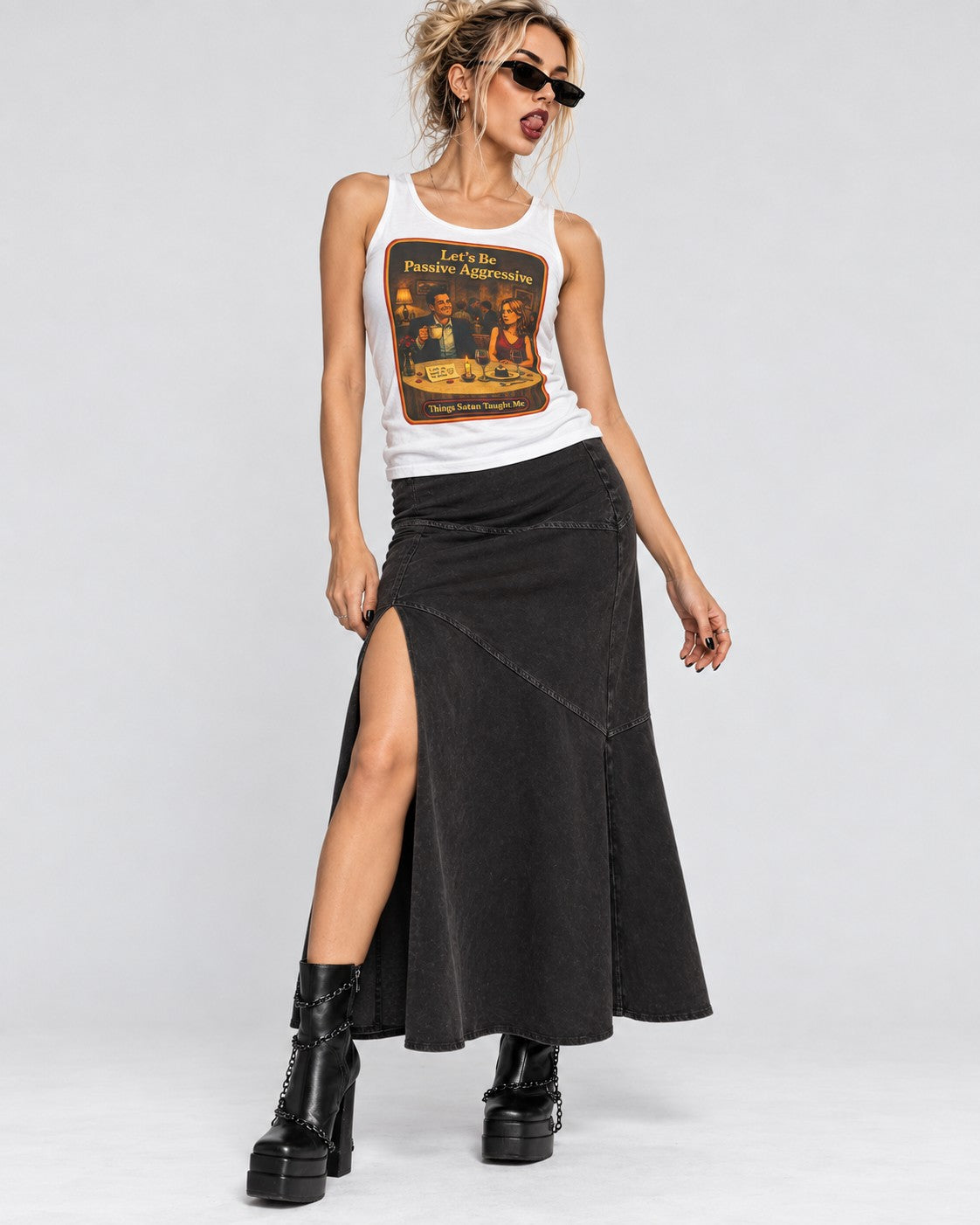 Model wearing the Let's Be Passive Aggressive racerback tank in white by Things Satan Taught Me