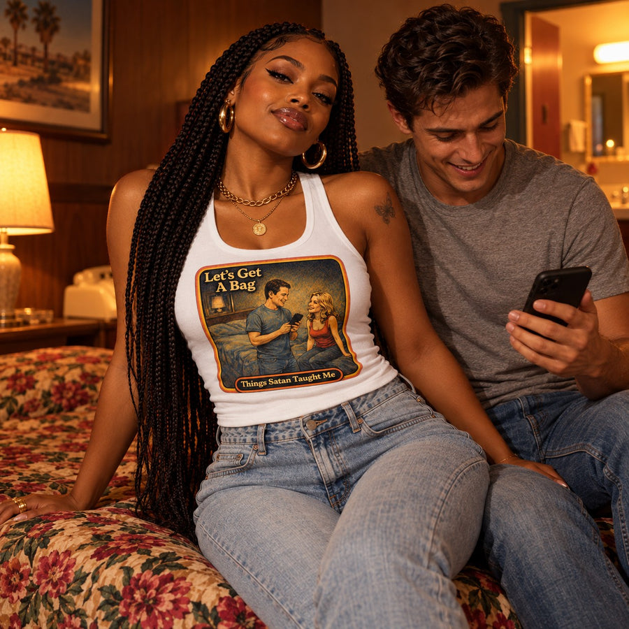 Model with a friend wearing the Let's Get A Bag racerback tank in white by Things Satan Taught Me