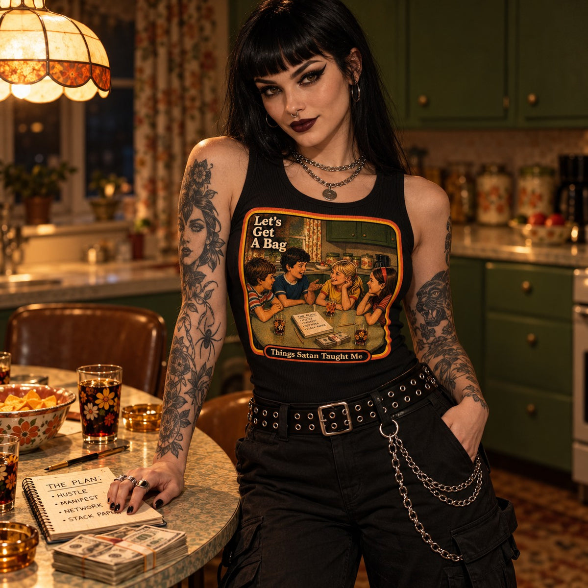 Model wearing the Let's Get Another Bag tank in black by Things Satan Taught Me