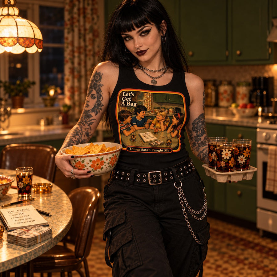 Model walking in the Let's Get Another Bag tank in black by Things Satan Taught Me