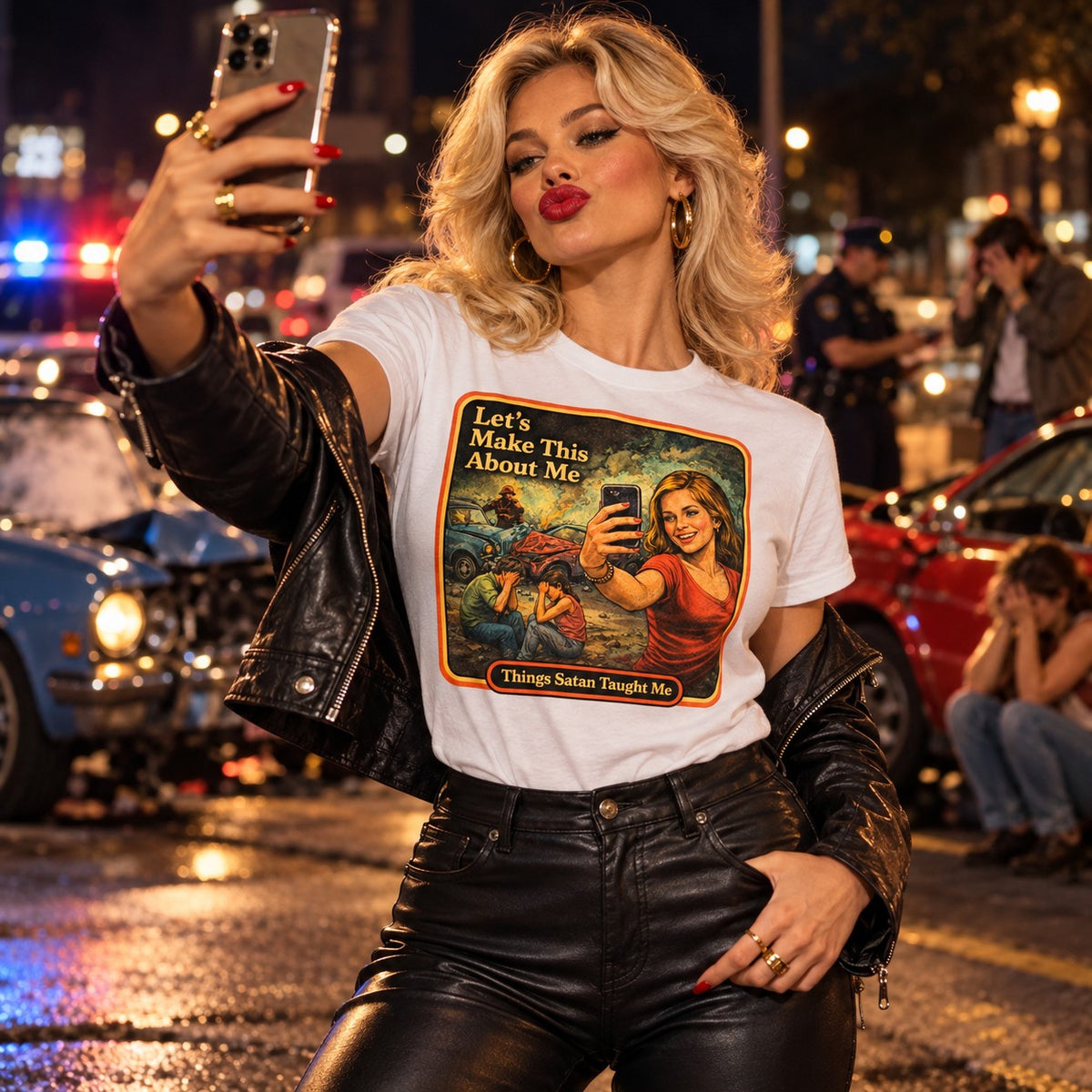 Model wearing the Let's Make This About Me tee in white by Things Satan Taught Me