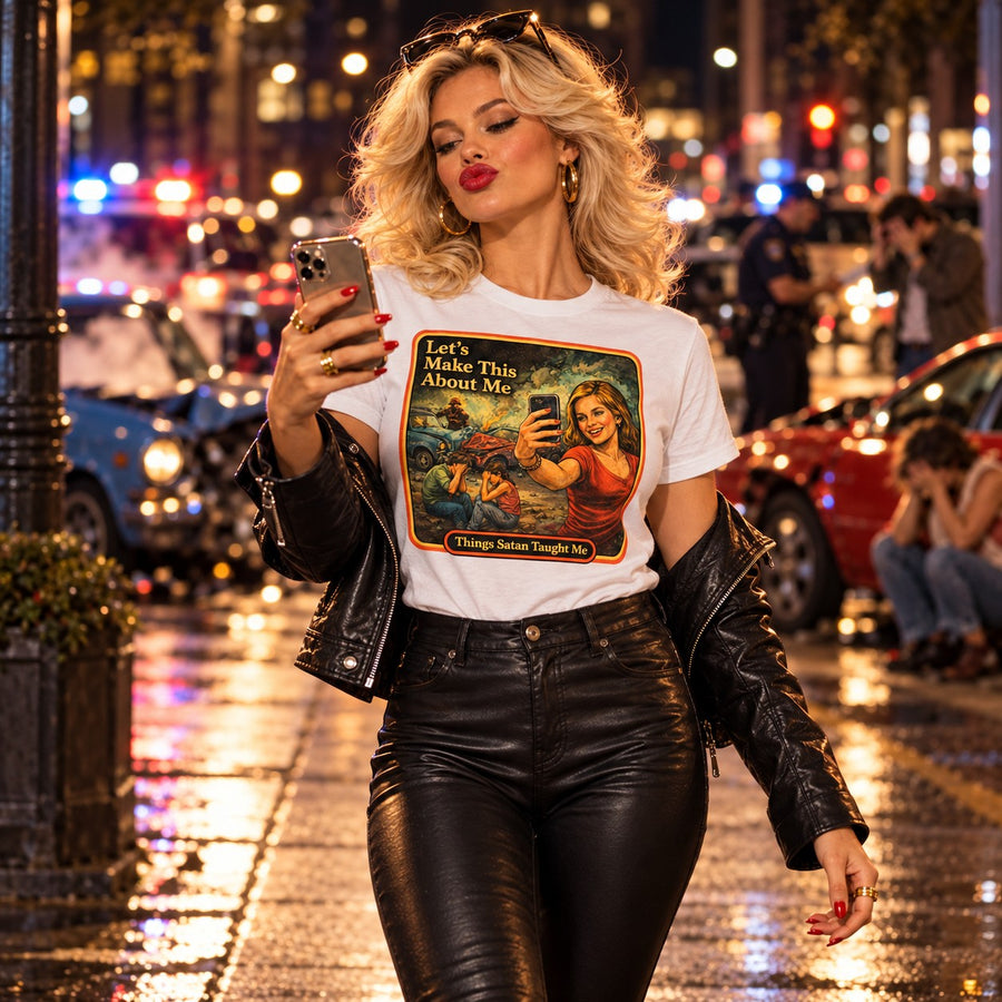 Model walking in the Let's Make This About Me tee in white by Things Satan Taught Me